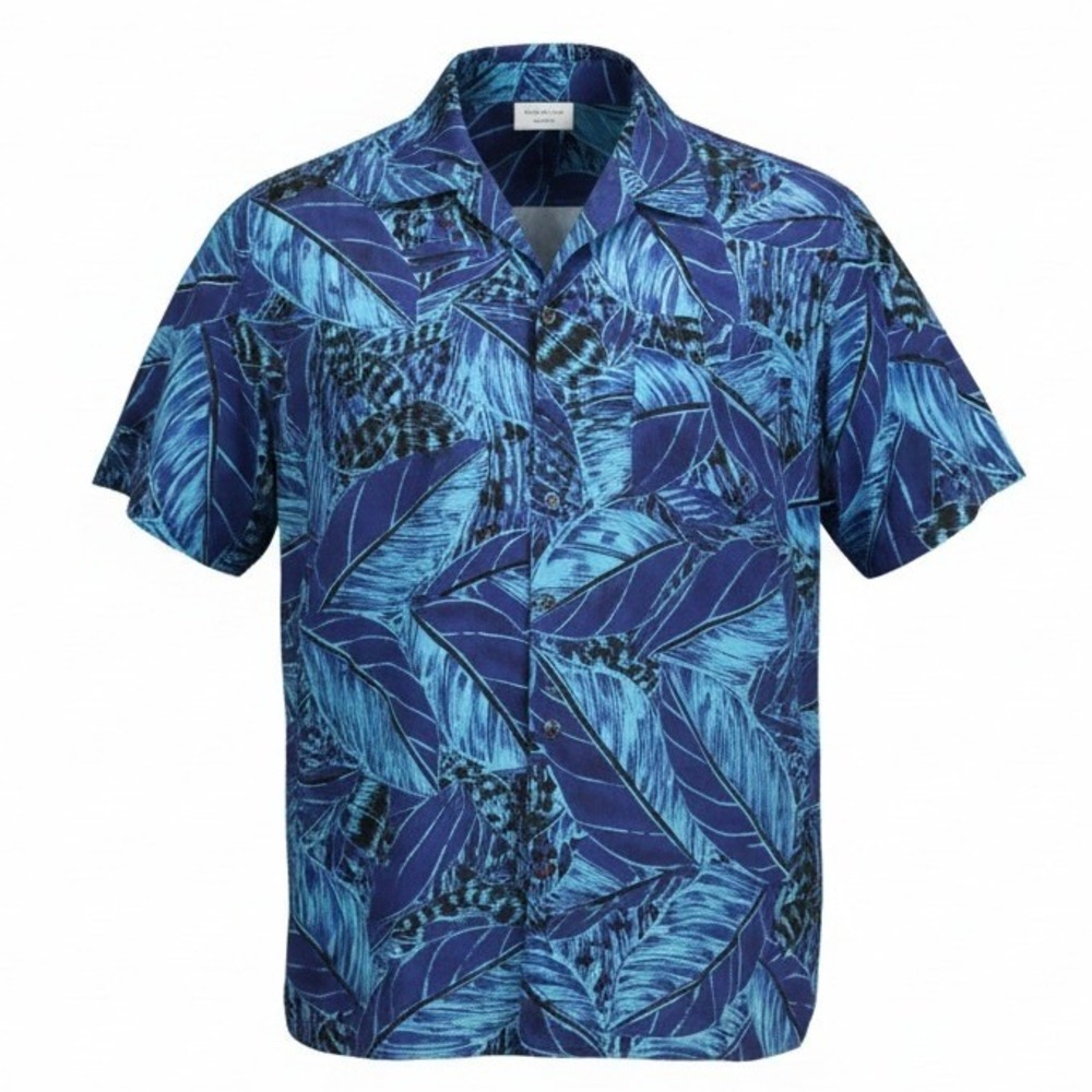 Royale Air Button Down Shirt Mens XL Blue Black Tropical Leaf Print Vintage